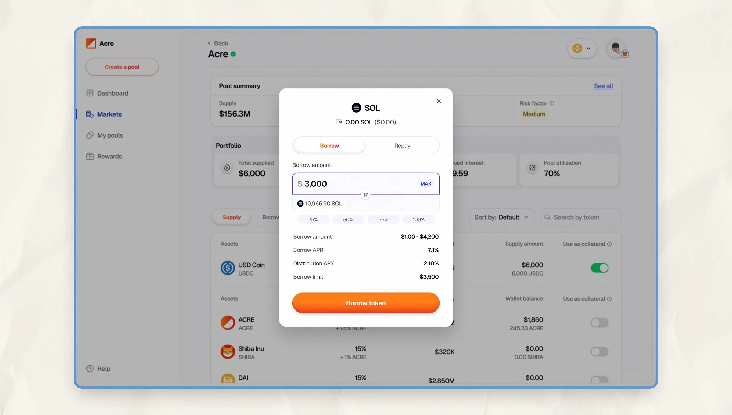 Borrow token interface in Acre. A modal overlays the dashboard, allowing users to input borrow amounts, view APR and APY, and borrow limits