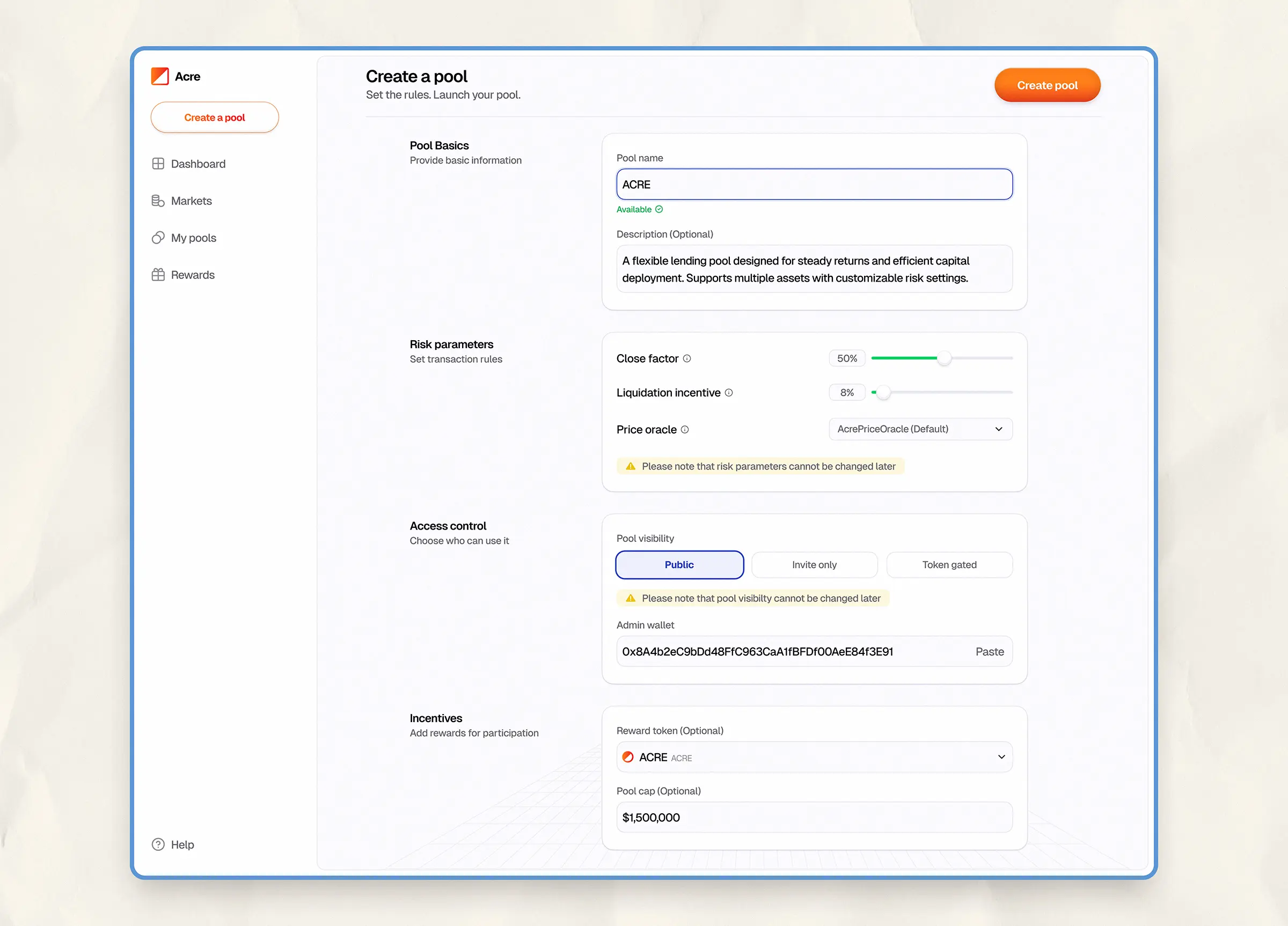 Acre’s create-a-pool screen. Users input pool name, configure risk factors, set access (public, invite, or token-gated), and define optional reward tokens and caps.