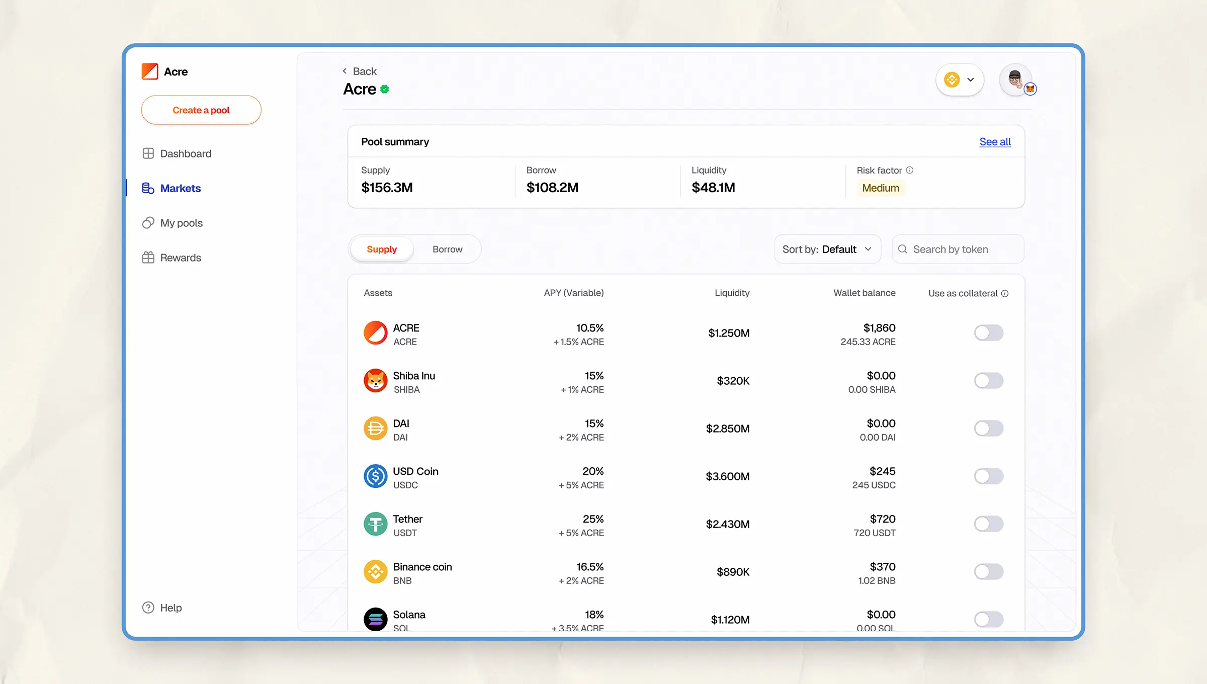 A detailed market view showing variable APYs, liquidity stats, and toggle controls for using assets as collateral within the Acre pool.
