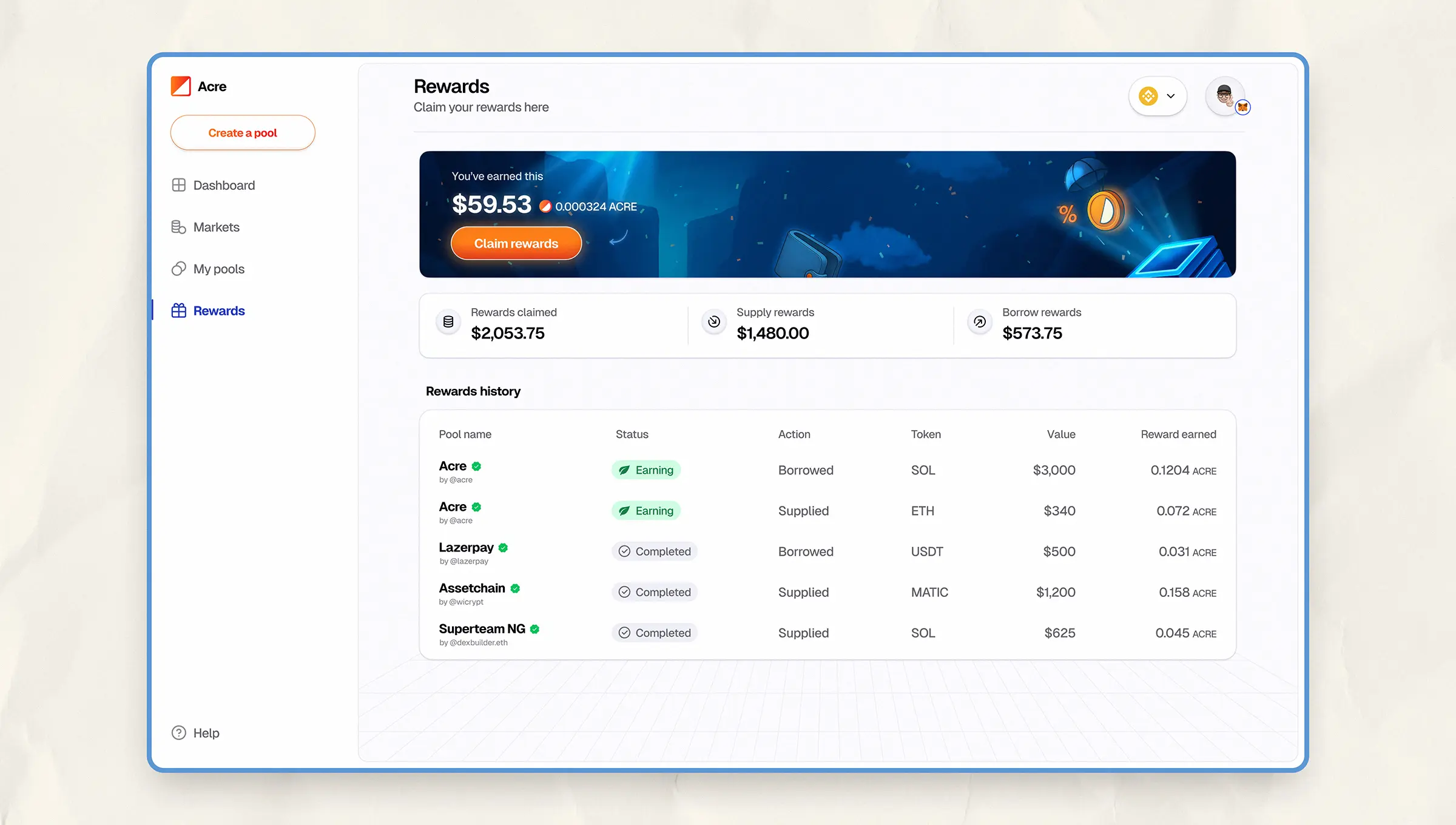 Acre rewards page showing supply and borrow rewards history, including earned ACRE amounts and pool details.