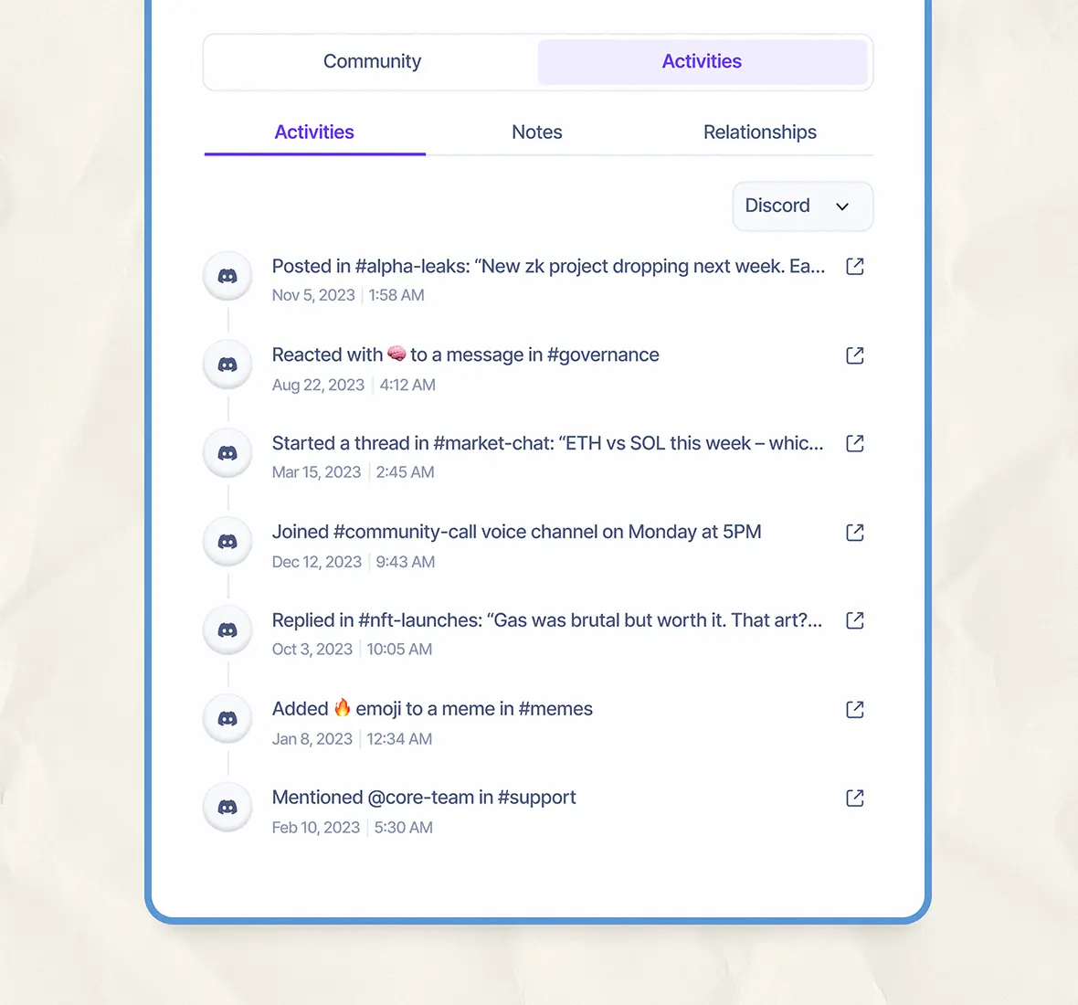 Scrollable activity feed showing Discord actions like posts, replies, and voice channel joins.