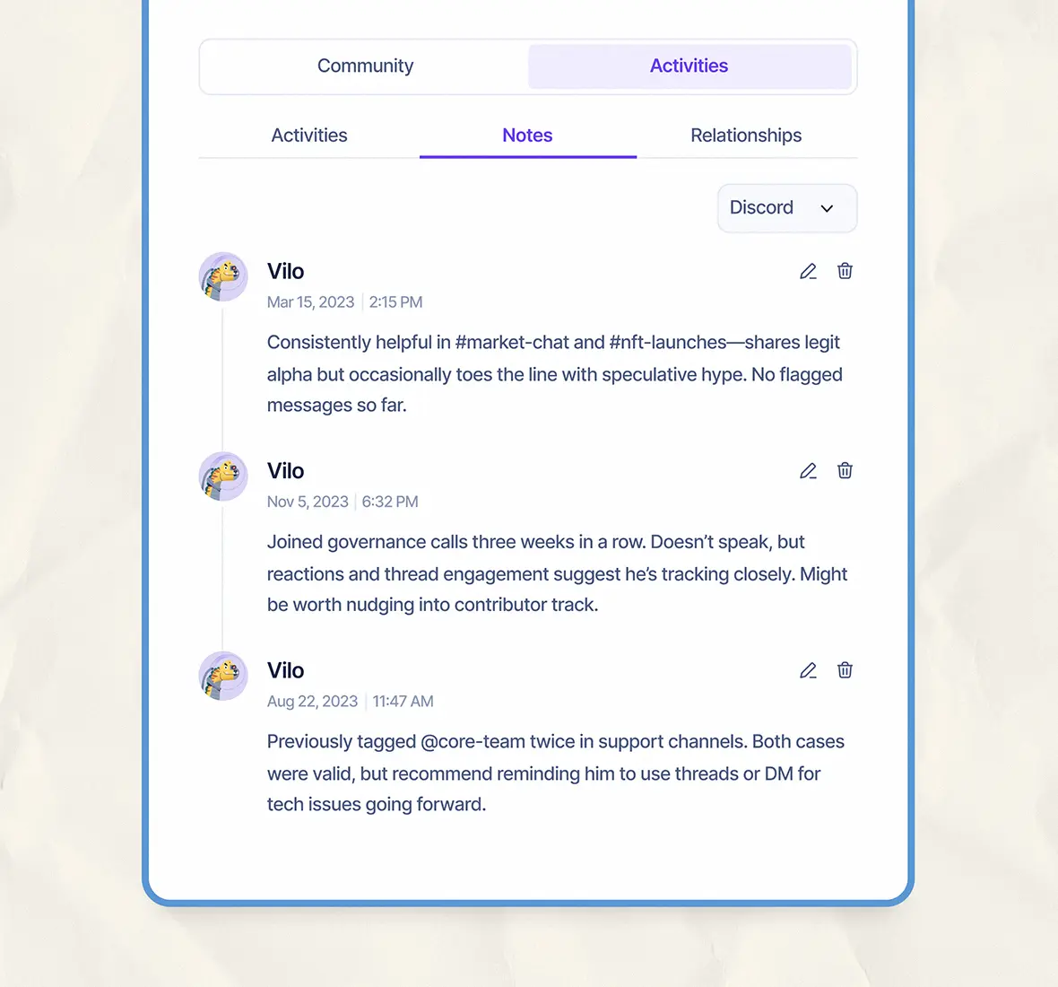 Notes area allowing teams to add context to a member’s profile and share insights.