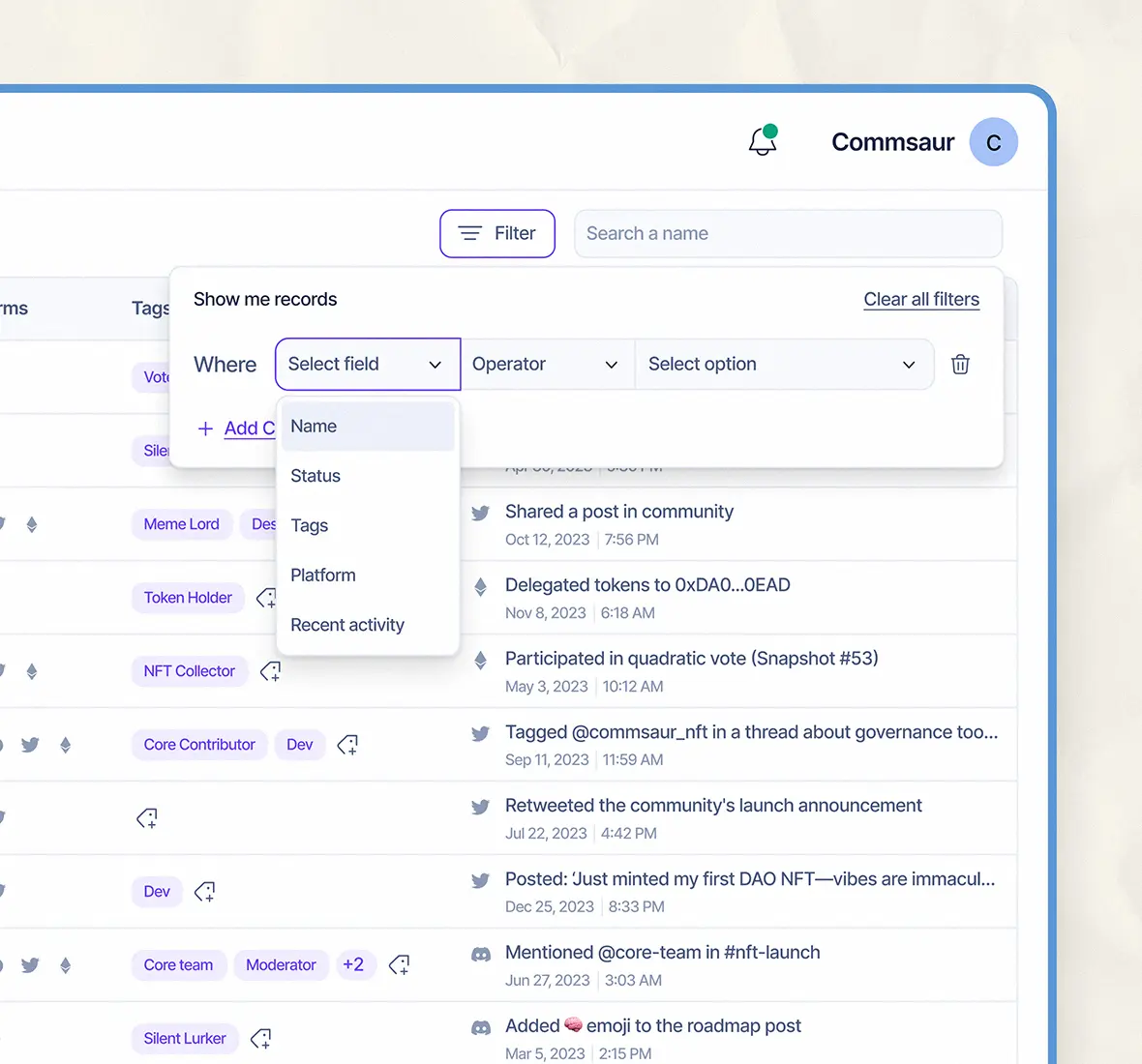 Search bar and dropdown filter interface with fields for name, tag, and platform.