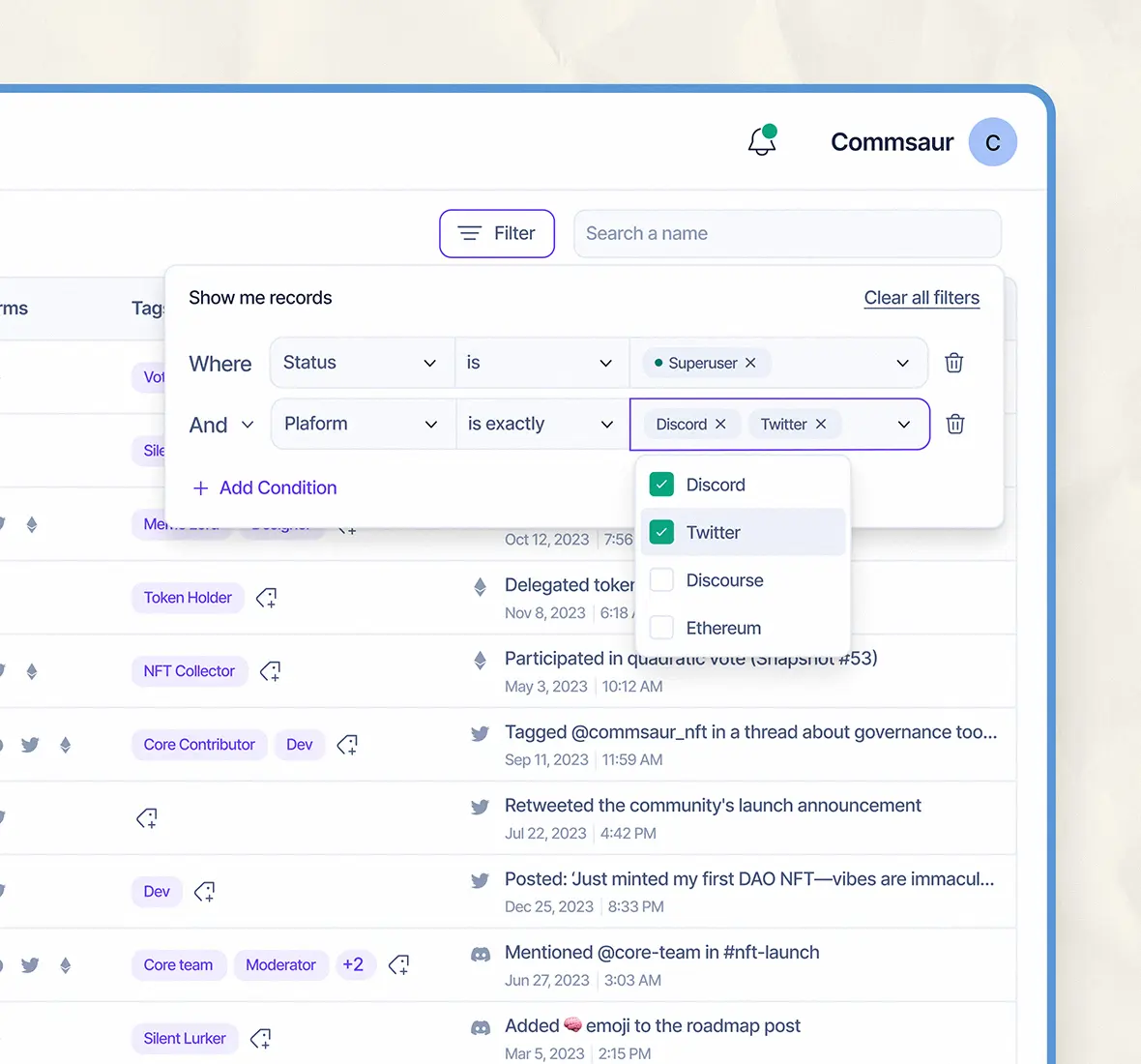 Sidebar filter panel with role, platform, and engagement criteria selection.
