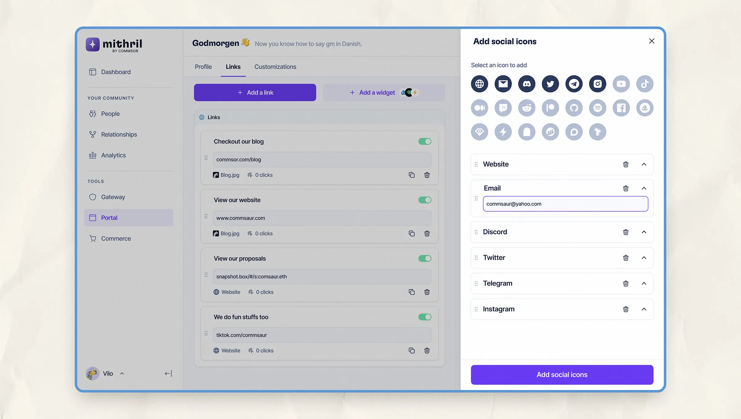 Screenshot of Mithril Portal’s social icon editor showing selectable platform icons, custom email input, and a list of added social links like Twitter, Discord, and Telegram.