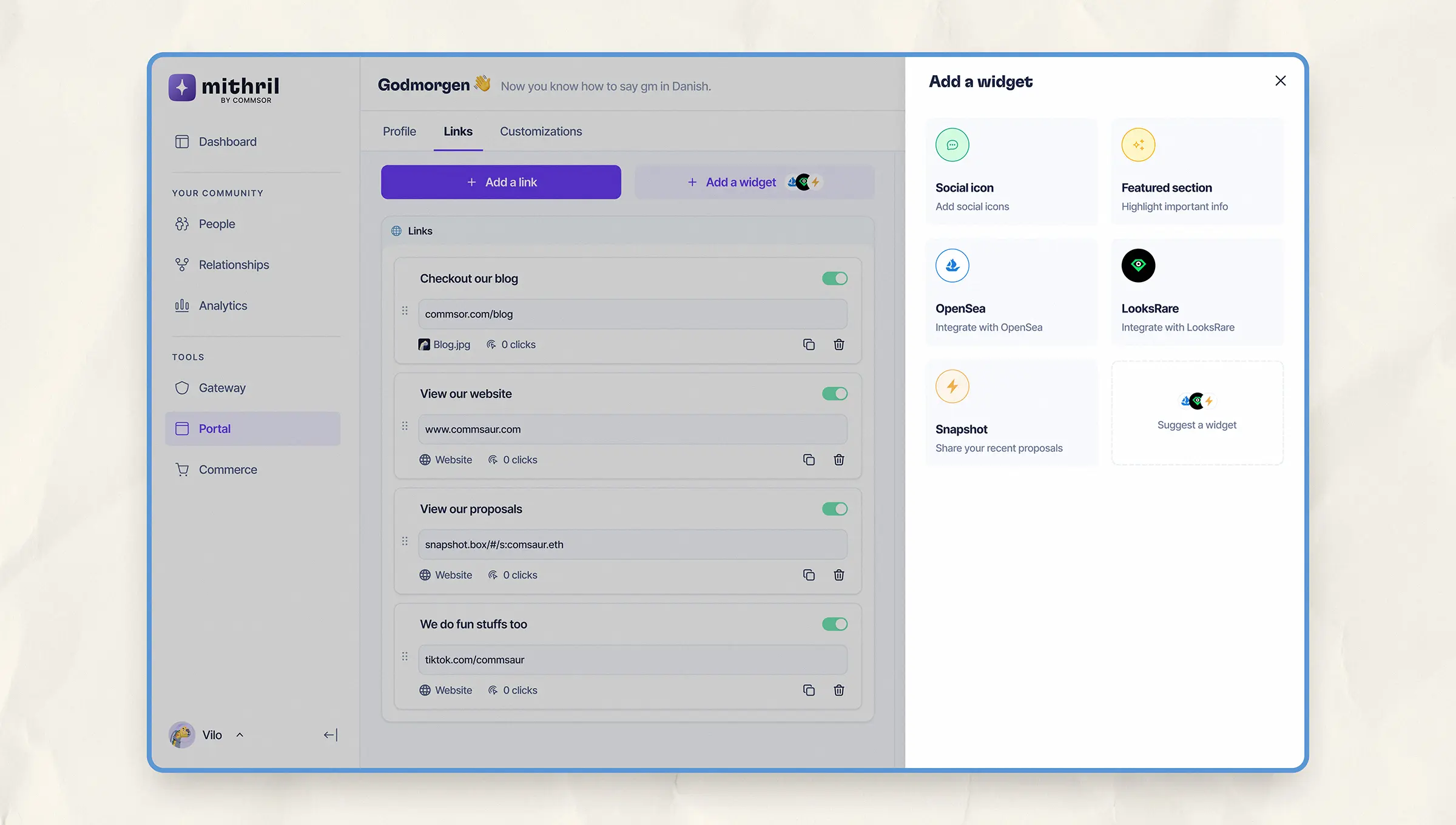 Screenshot of the widget selection screen in Mithril Portal, showing integration options for OpenSea, LooksRare, Snapshot, social icons, and featured content.