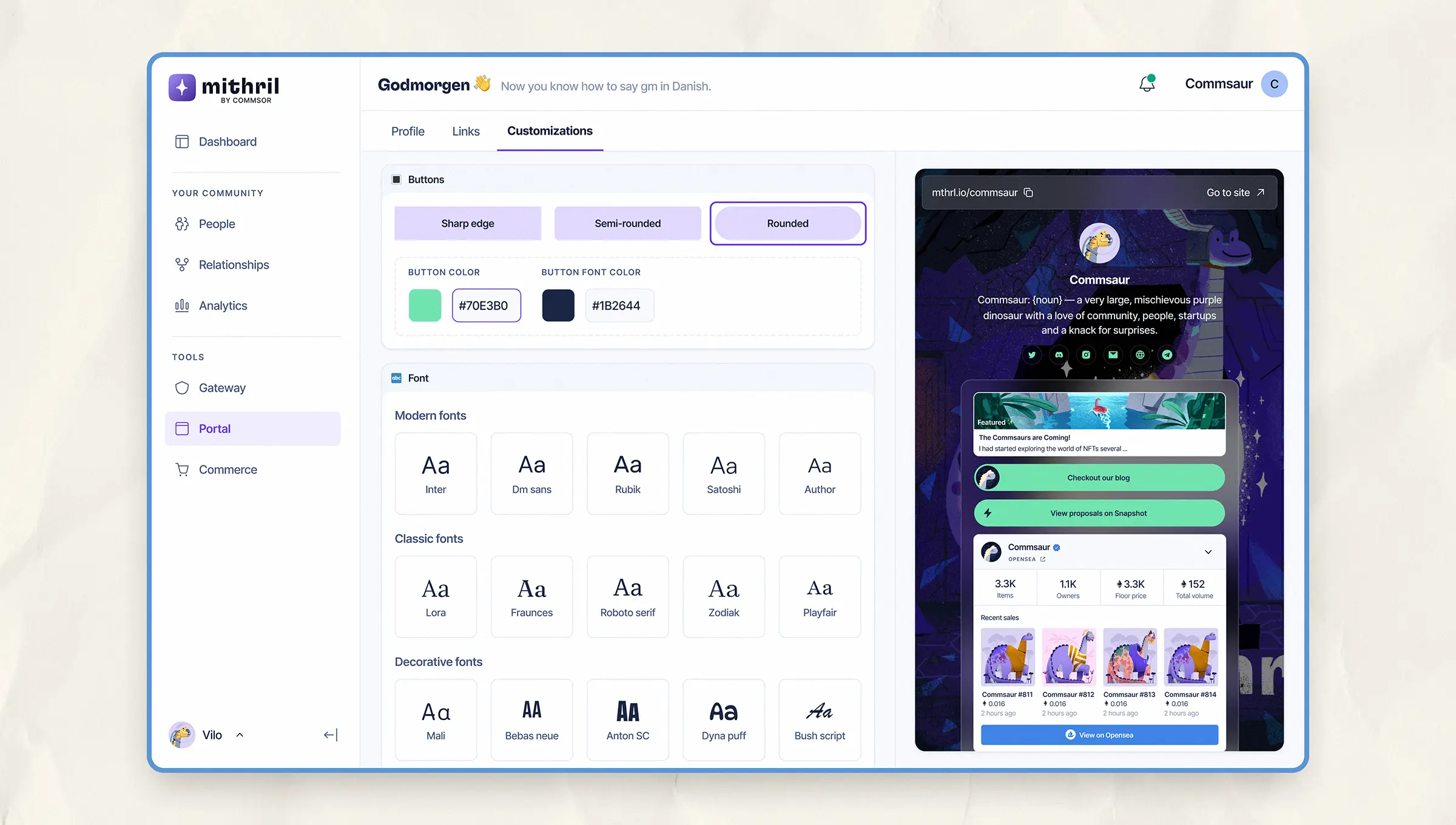 Screenshot of Mithril Portal's customization settings, showing button shapes, color settings, and a font selection panel, alongside a live preview of a branded community page.