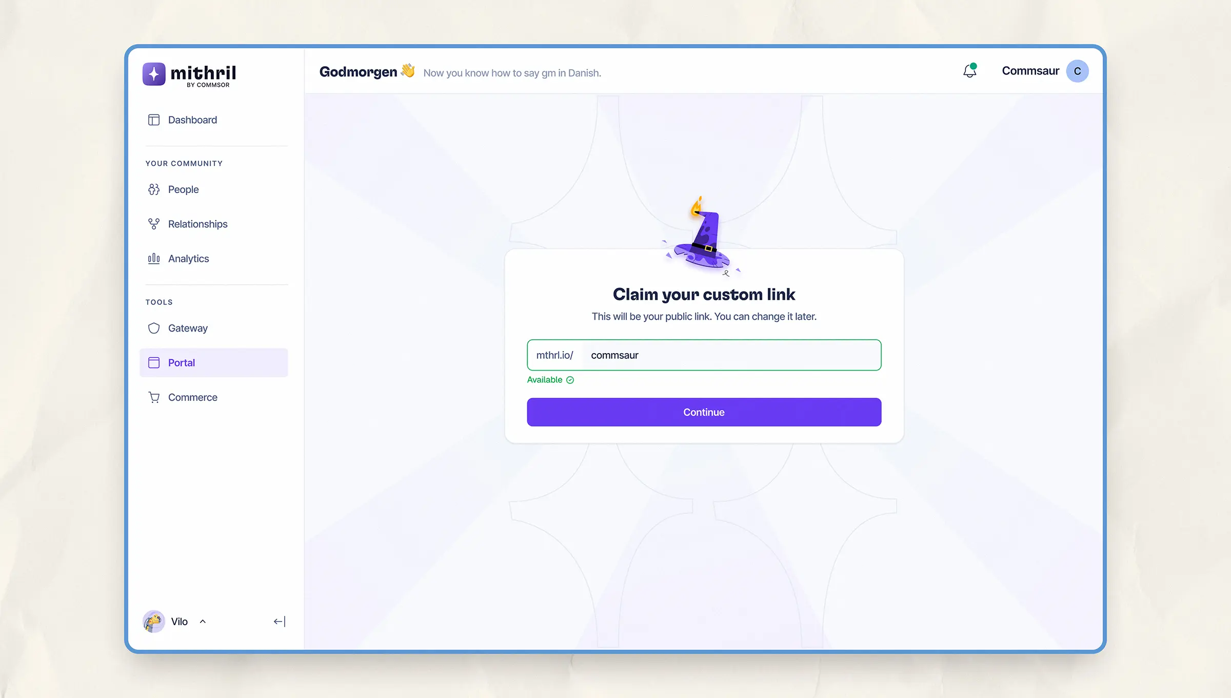 Screenshot of Mithril Portal’s onboarding screen where users choose and confirm a custom public link (e.g., mthrl.io/commsaur).