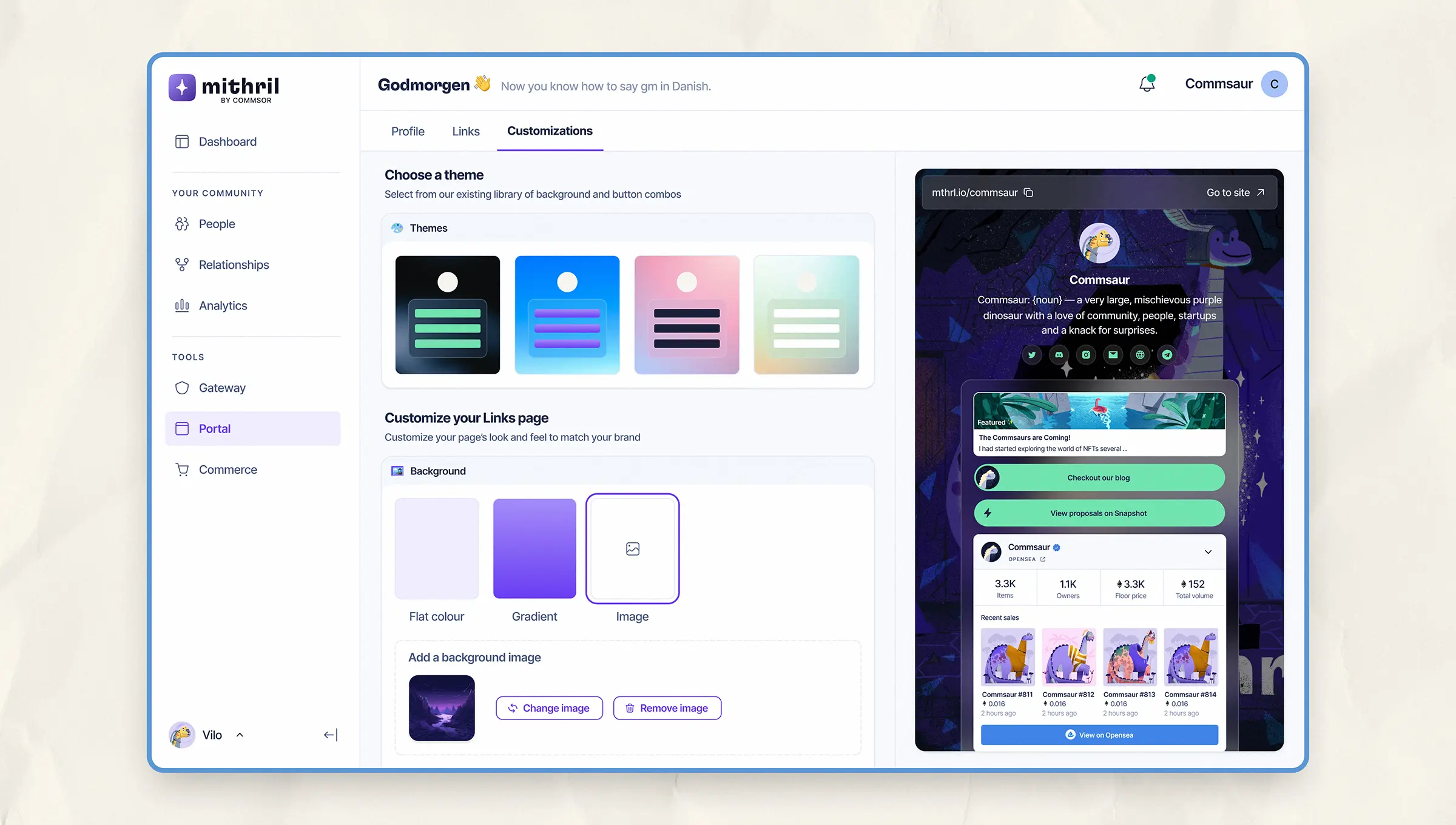 Screenshot of Mithril Portal’s customization tab, with theme selection and background image options on the left, and a live preview of the public page on the right.