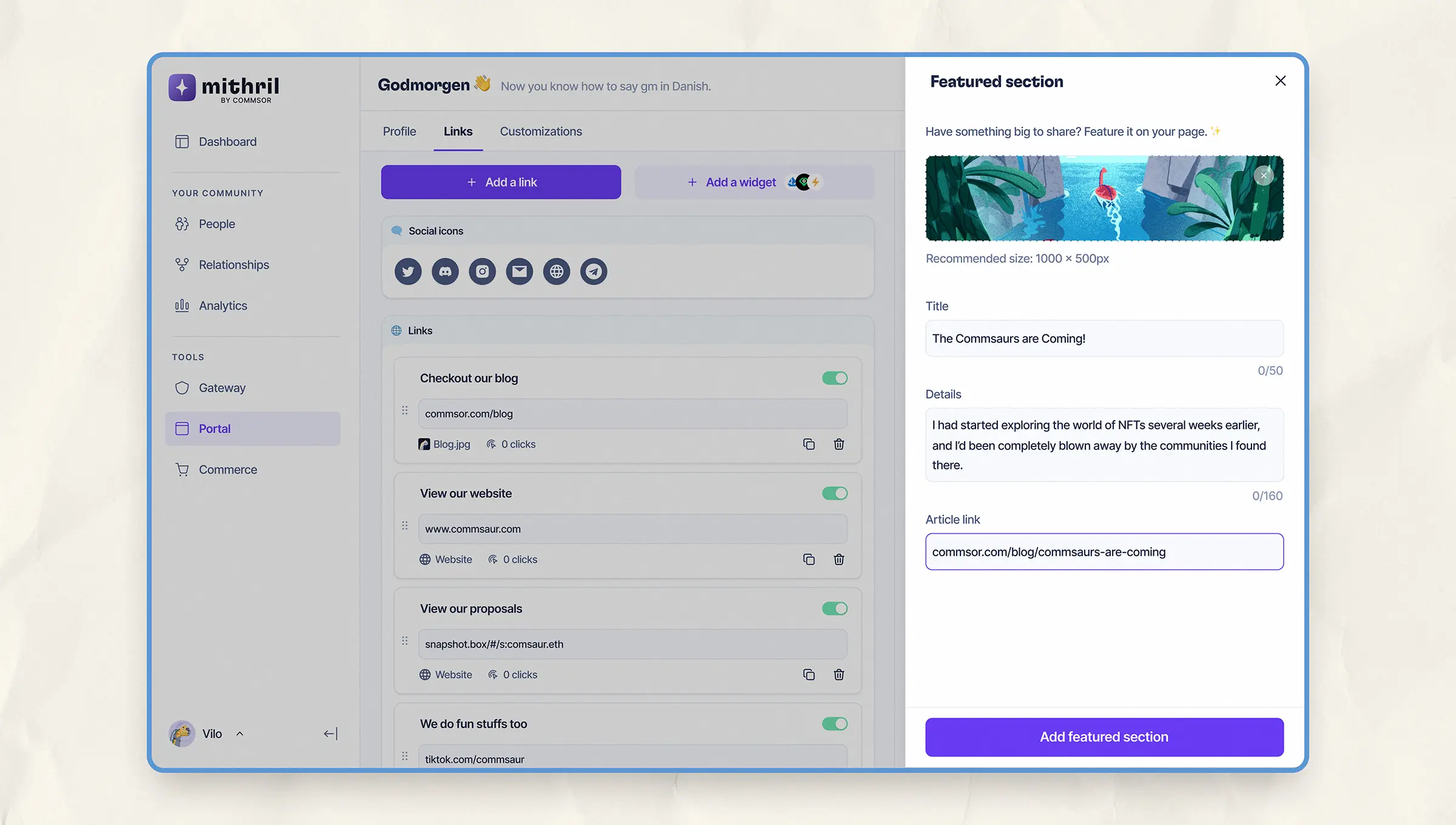 Screenshot of Mithril Portal’s featured section editor showing input fields for a title, image, article link, and description, alongside the main link management panel.