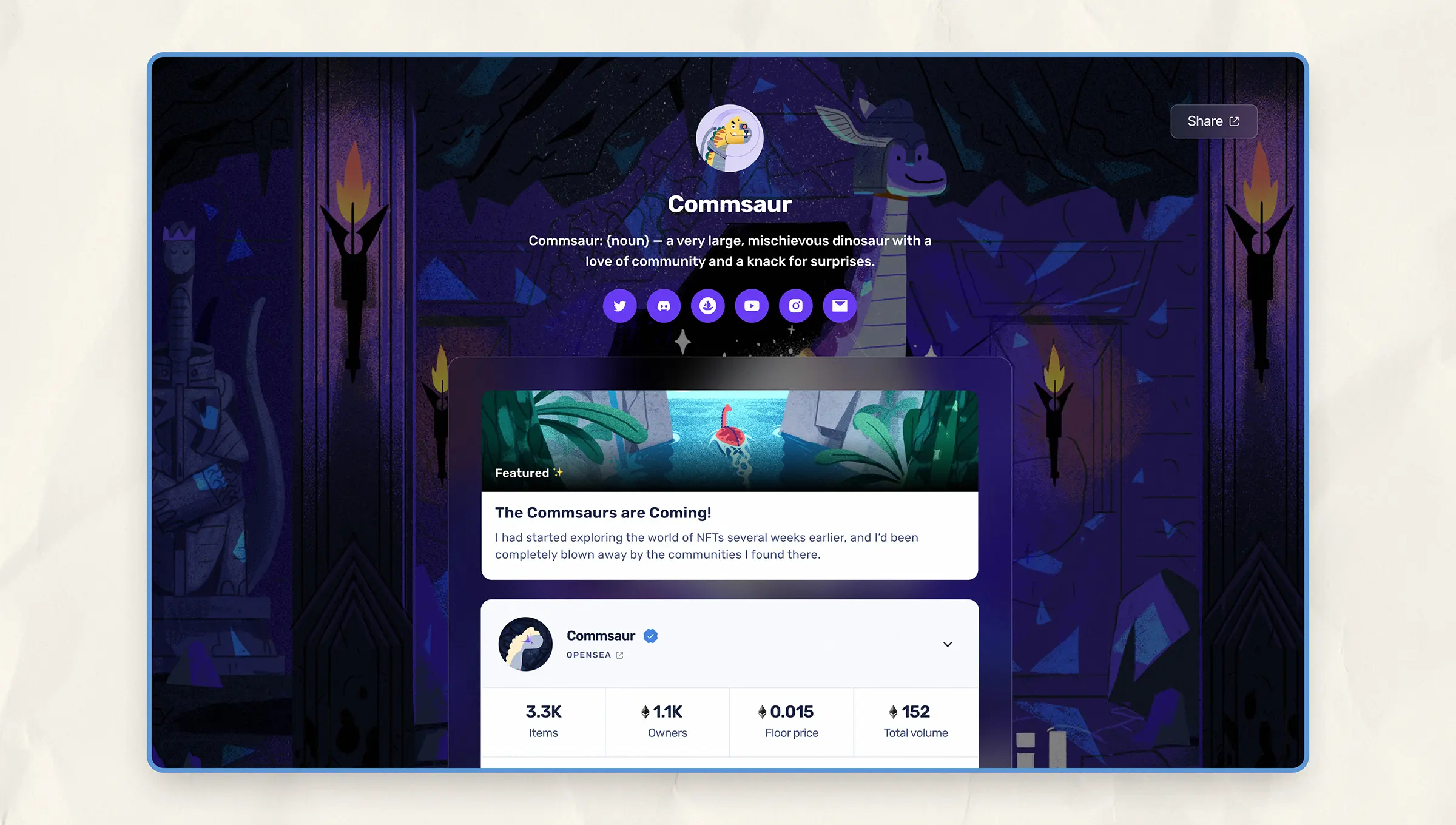 Screenshot of a live Mithril Portal page for the Commsaur community, showing a branded background, featured announcement, social icons, and NFT stats from OpenSea.