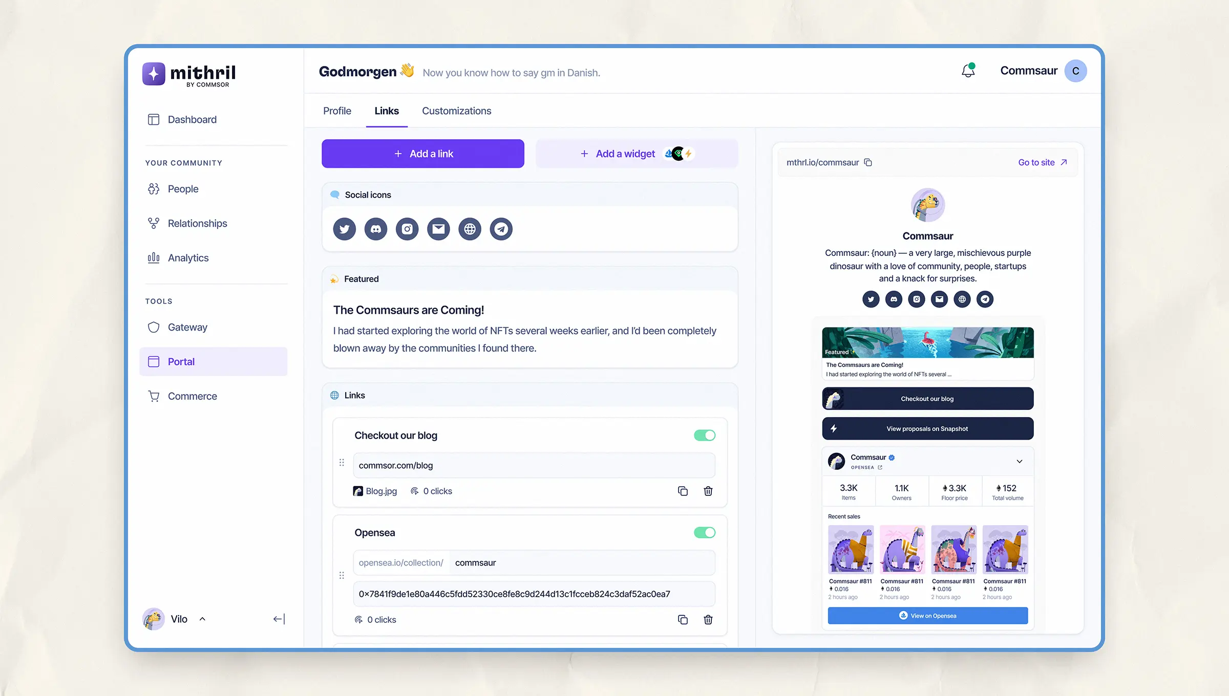 Screenshot of Mithril Portal’s link editor tab, displaying social icons, featured post input, link fields, and a live preview of the community’s public profile on the right.