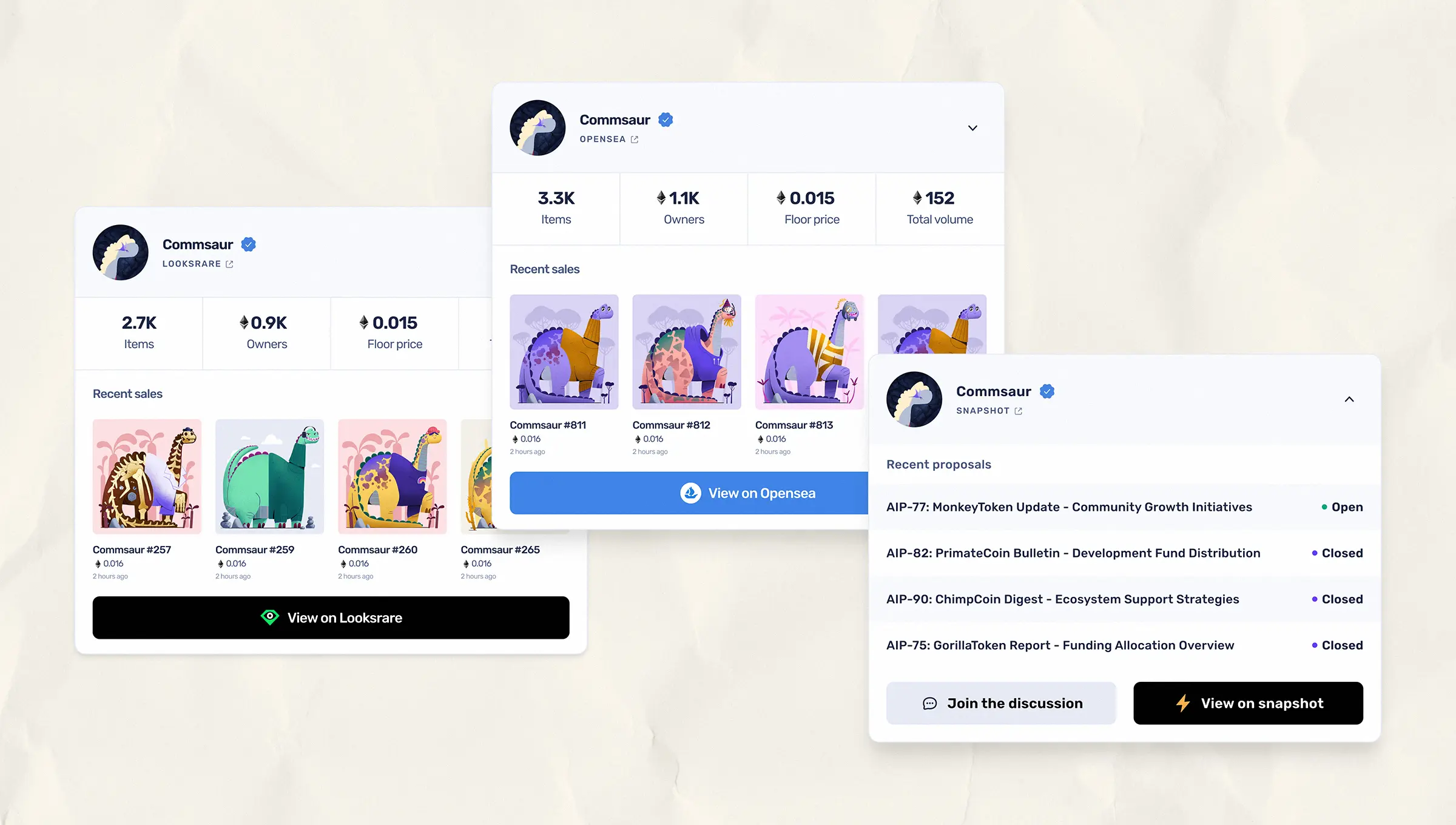 Three UI cards from Mithril Portal displaying Commsaur’s NFT stats and recent sales from OpenSea and LooksRare, alongside recent governance proposals from Snapshot.