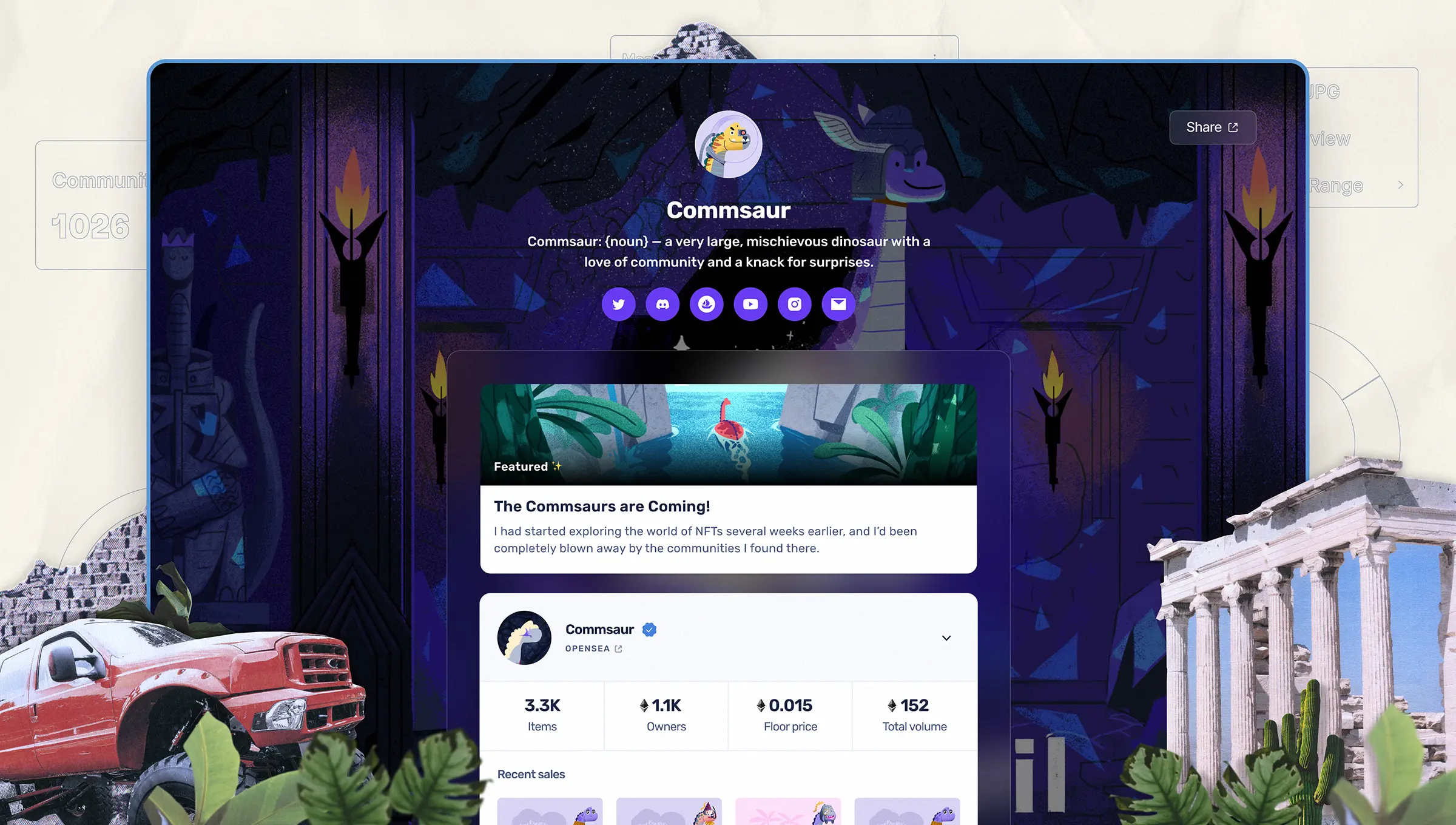 Mockup of a Mithril Portal page for Commsaur featuring a hero background, featured content, NFT stats, and overlaid decorative elements like a red truck, temple ruins, and plants.