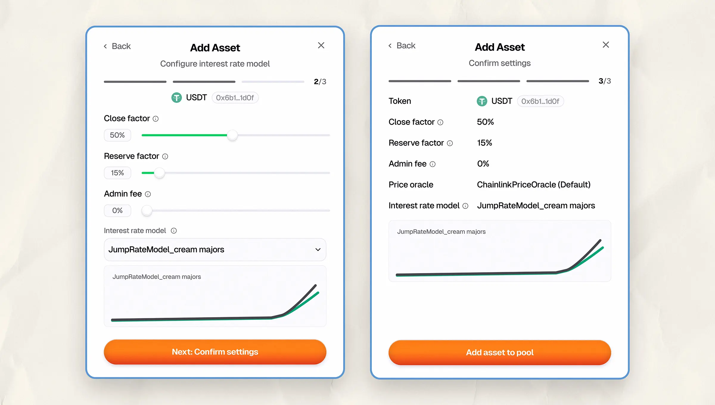 Two-step UI in Acre’s token setup flow. Left screen shows adjustable settings like reserve factor, close factor, and interest rate model. Right screen confirms all selected parameters before adding the token.