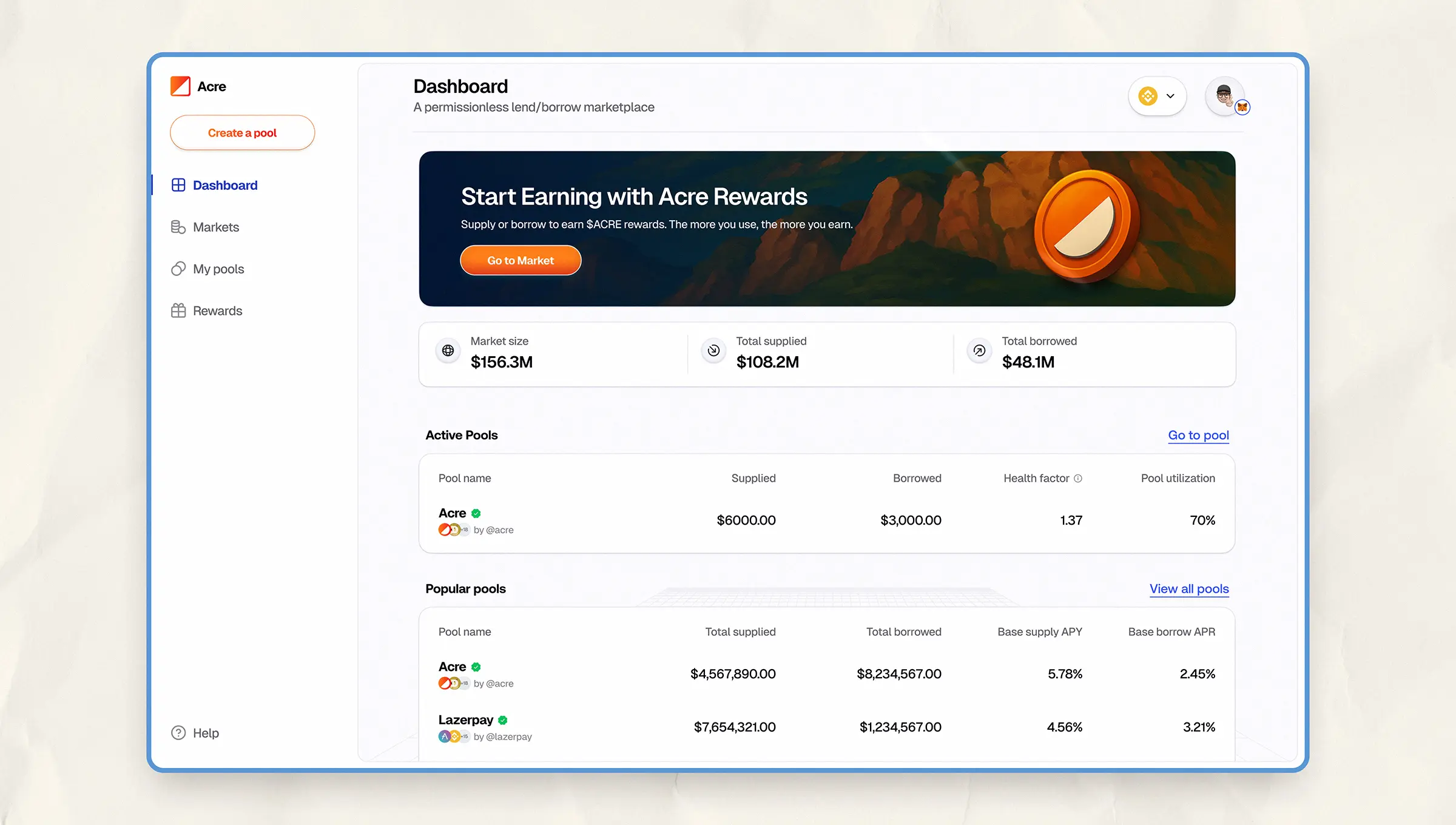 Dashboard with active pool summary. Displays user’s supplied/borrowed balances, health factor, and pool utilization, followed by a table of other public pools and their metrics.