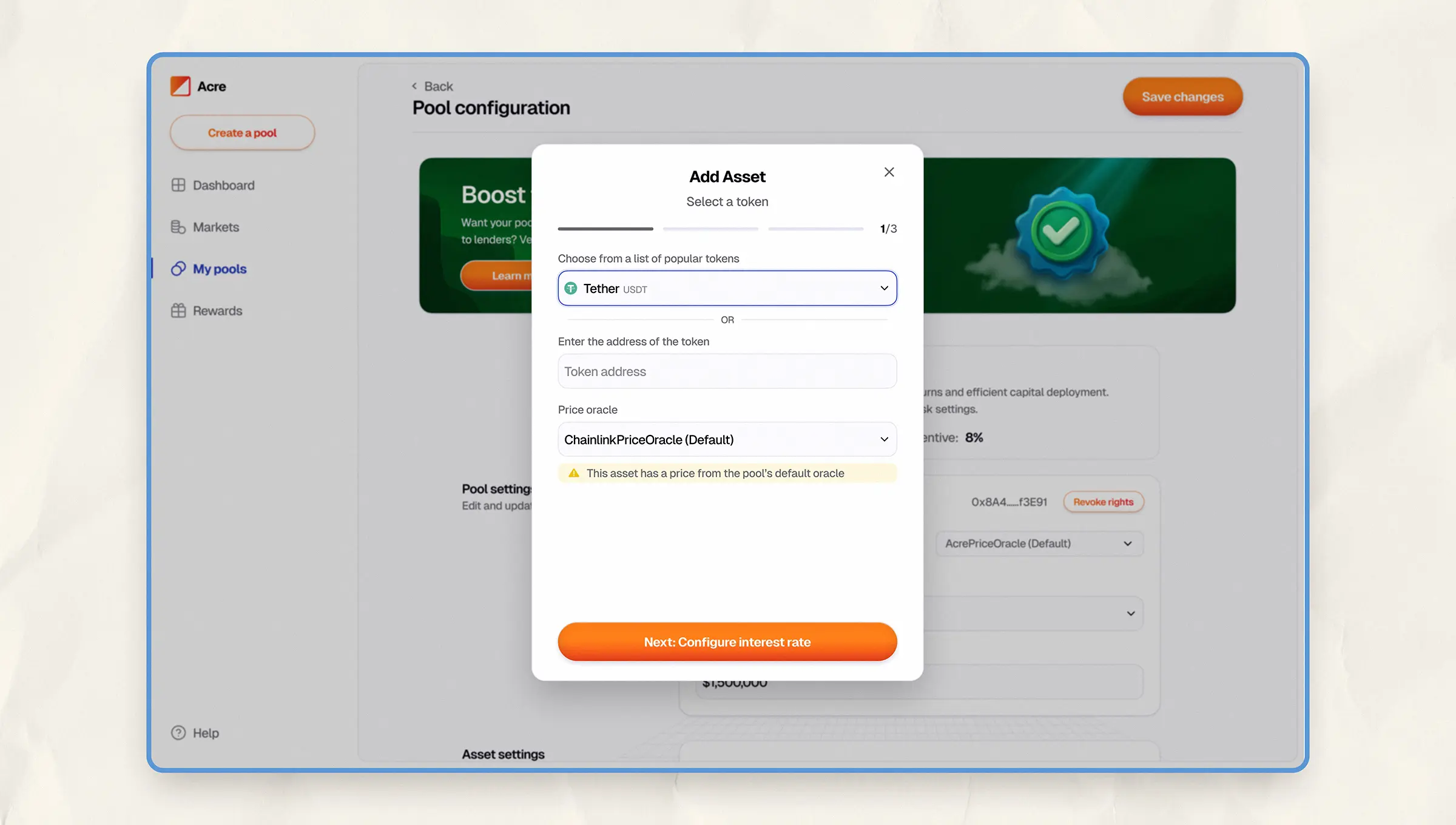 Add token modal in Acre with a dropdown to select a token (e.g. Tether), an input for contract address, and a note showing the asset uses the default price oracle.