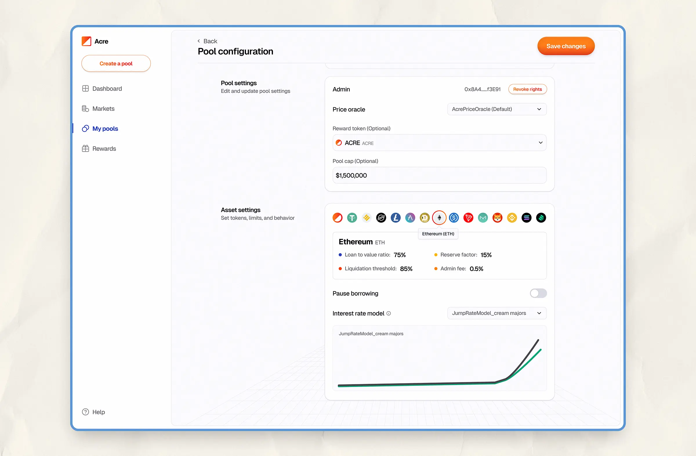 Acre’s pool configuration page showing admin address, oracle settings, reward token, pool cap, and asset-specific parameters like LTV, reserve factor, and interest rate model for Ethereum.