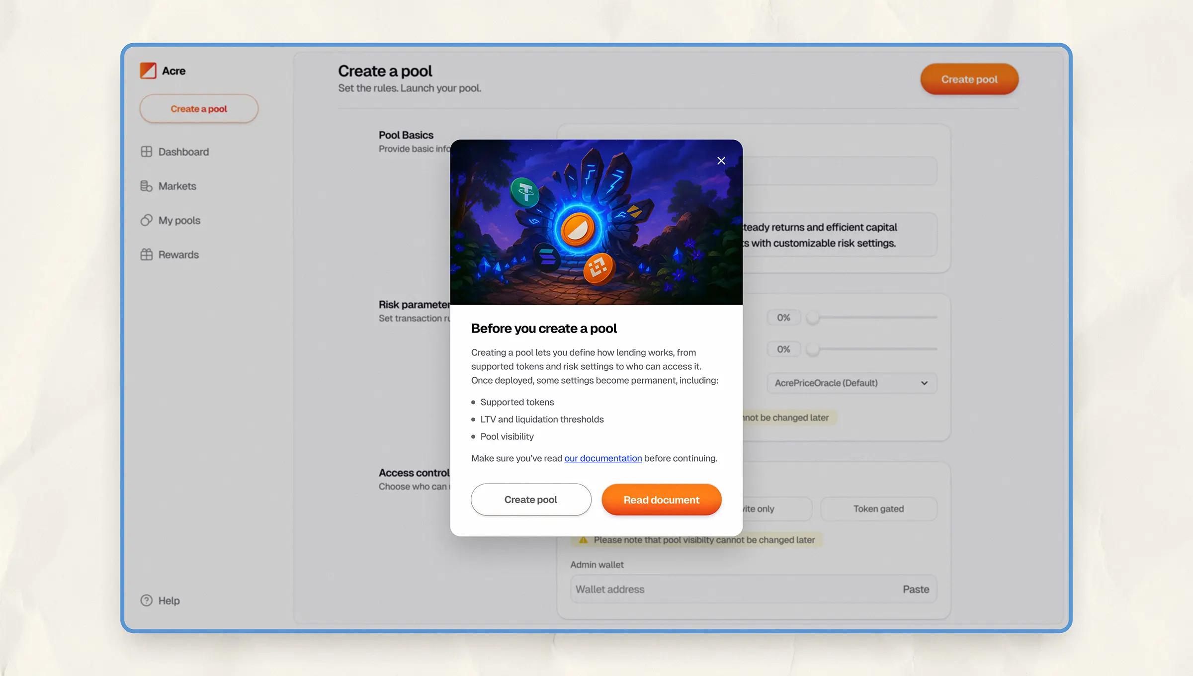Acre’s confirmation modal shown before pool creation. Lists key settings that become permanent—like supported tokens, LTV rules, and access control—once a pool is deployed.