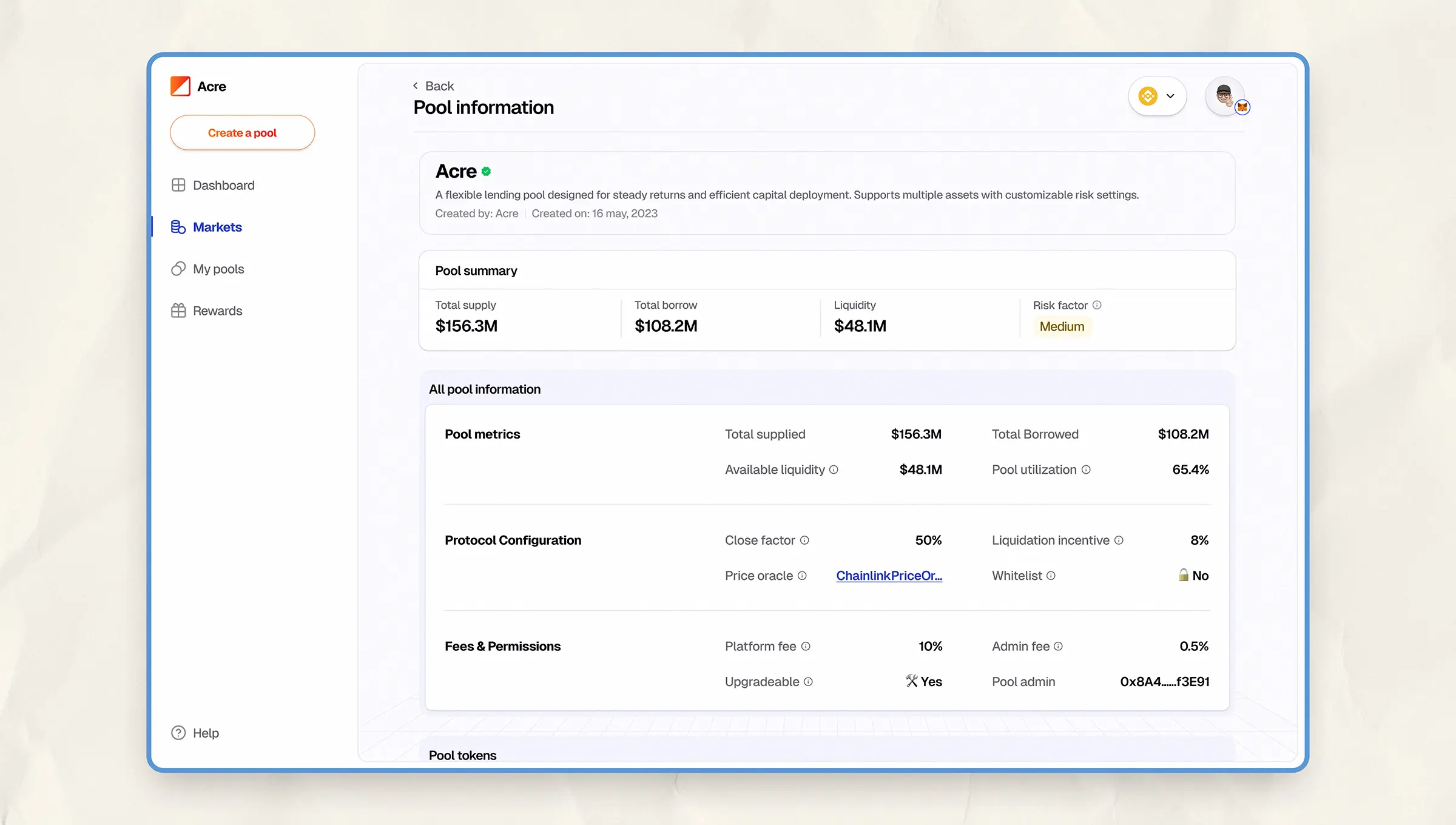 Acre’s pool information page displaying supply, borrow, and liquidity totals, plus risk factor and a breakdown of all configuration settings like price oracle and fee structure.