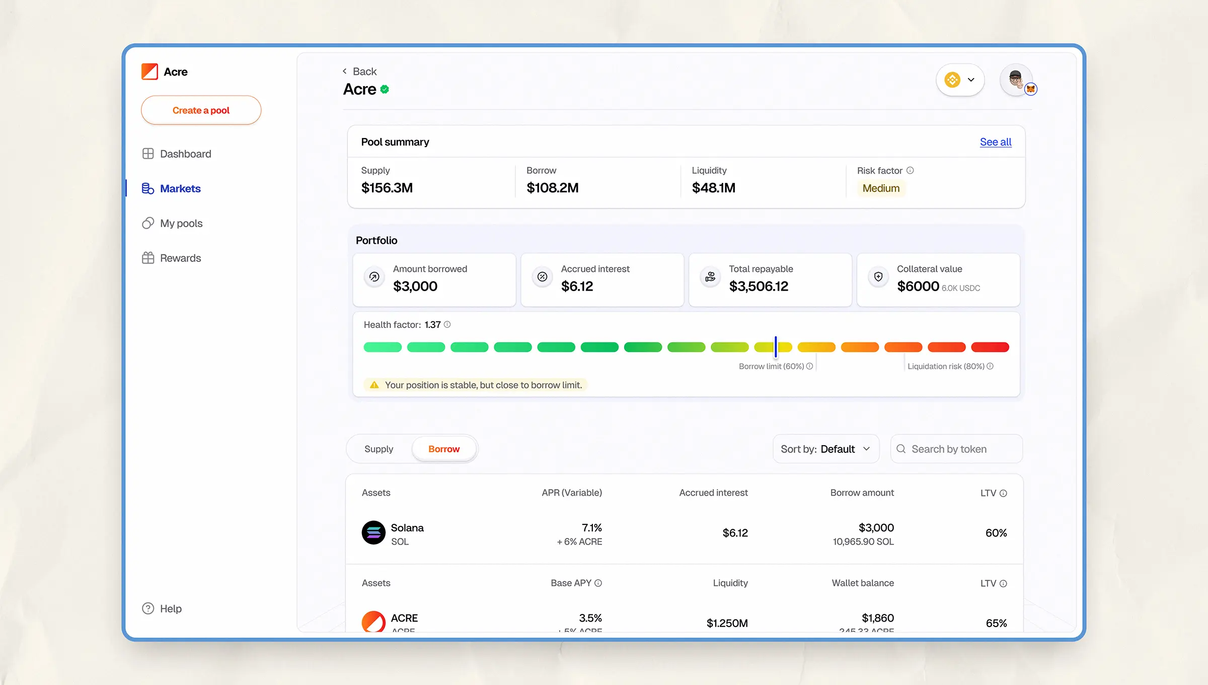 Pool page showing borrowing details including total borrowed, accrued interest, repayable amount, collateral value, and a health factor meter.
