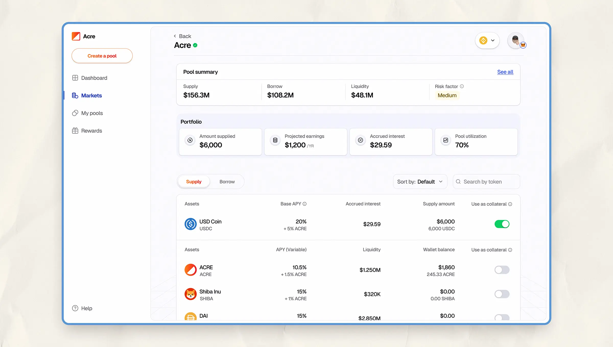 Pool page displaying total supplied assets, projected earnings, accrued interest, and pool utilization with collateral toggle options, after supply action.