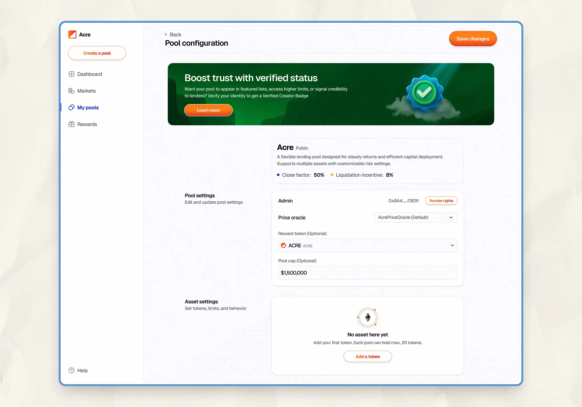 Post-creation configuration screen showing pool information, a banner for creators to verify identity, and a button to add assets to pool, with a max of 20 tokens.